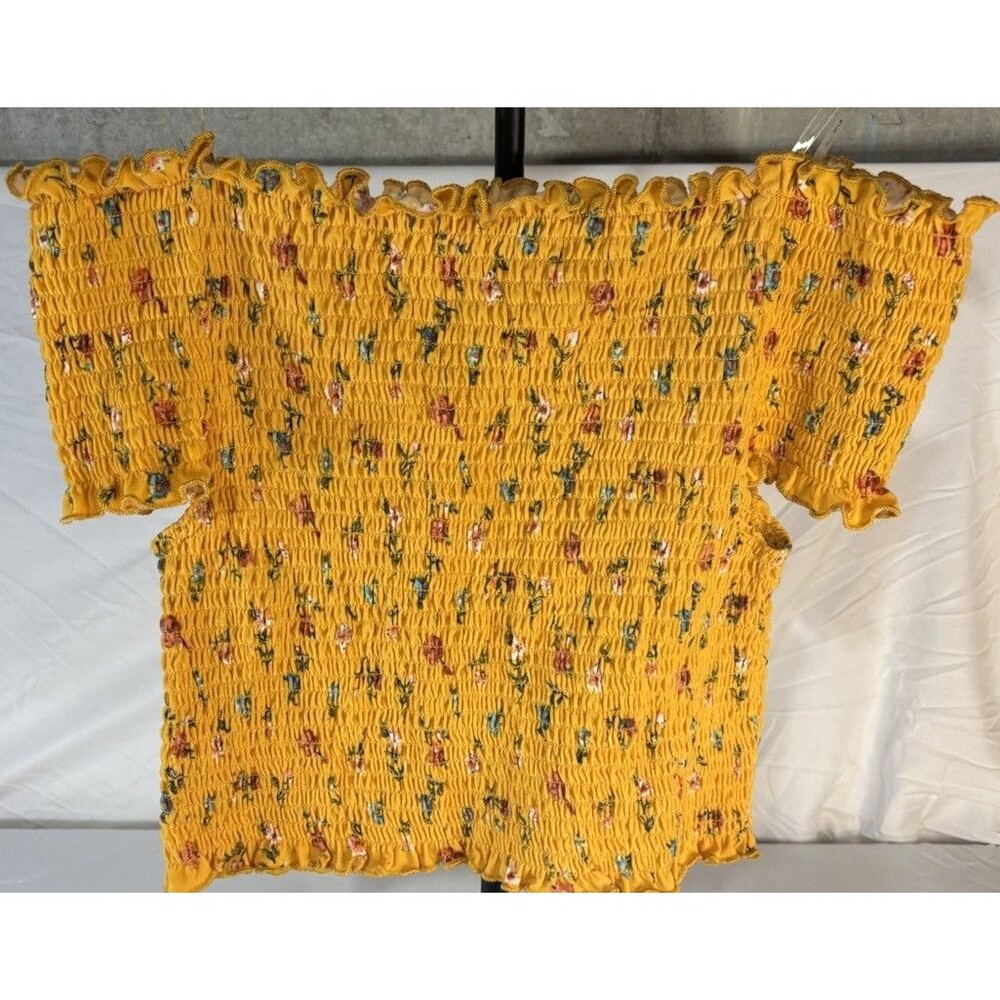 Cottagecore Smocked Floral Off-Shoulder Peasant Crop Top Yellow Women’s L Boho